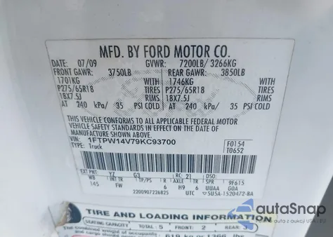 2009 Ford F-150 Fx4/King Ranch/Lariat/Platinum/Xl/Xlt z USA, uszkodzony, nr VIN 1FTPW14V79KC93700